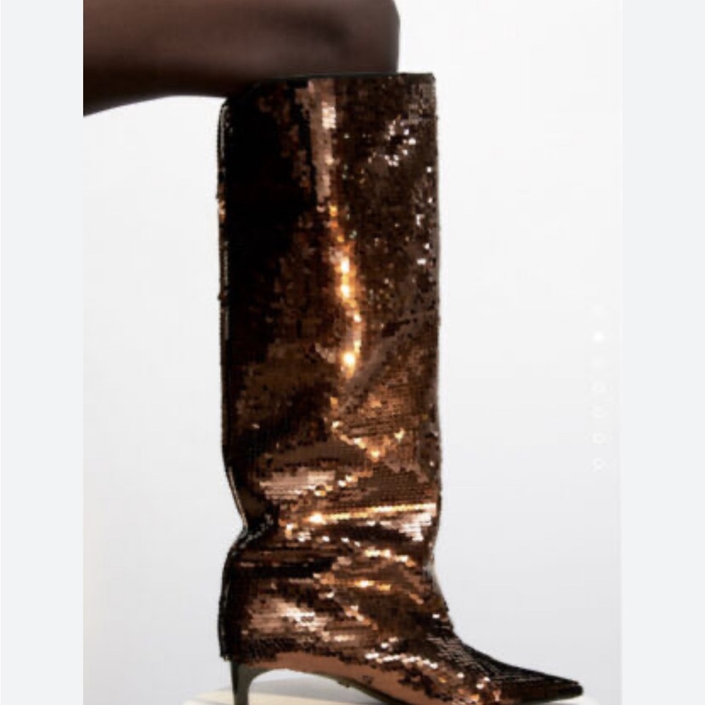 Zara Brown Wide Leg Pointy Toe Low Kitten Heel Full Sequin Boots 37 / 7 NWT